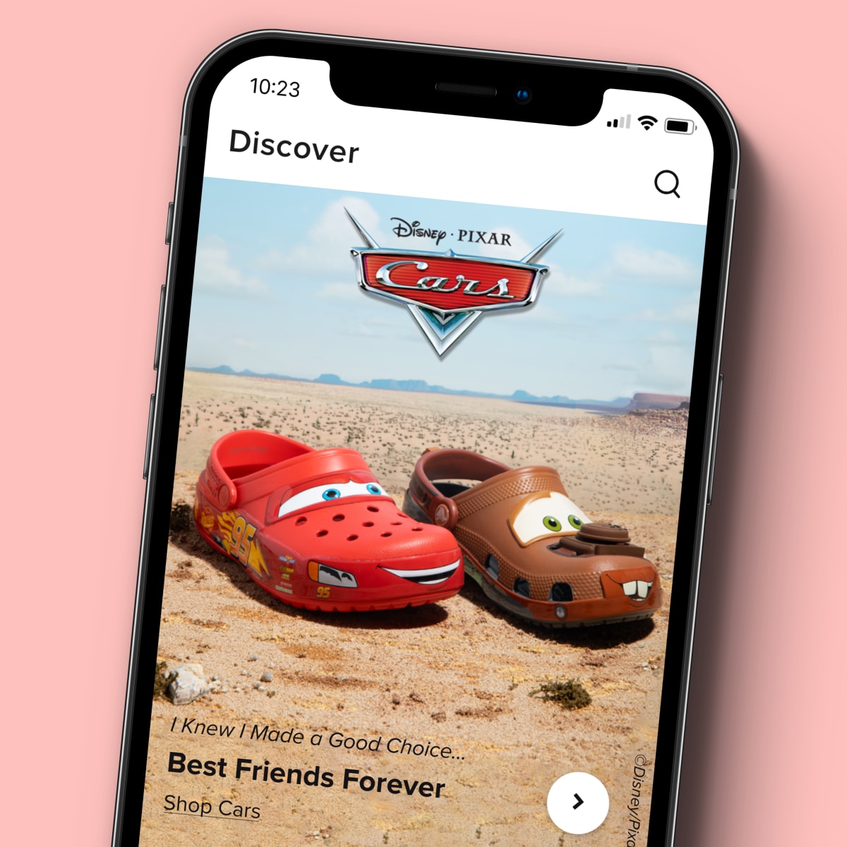 Cars x Crocs displayed on a phone screen in the Crocs app