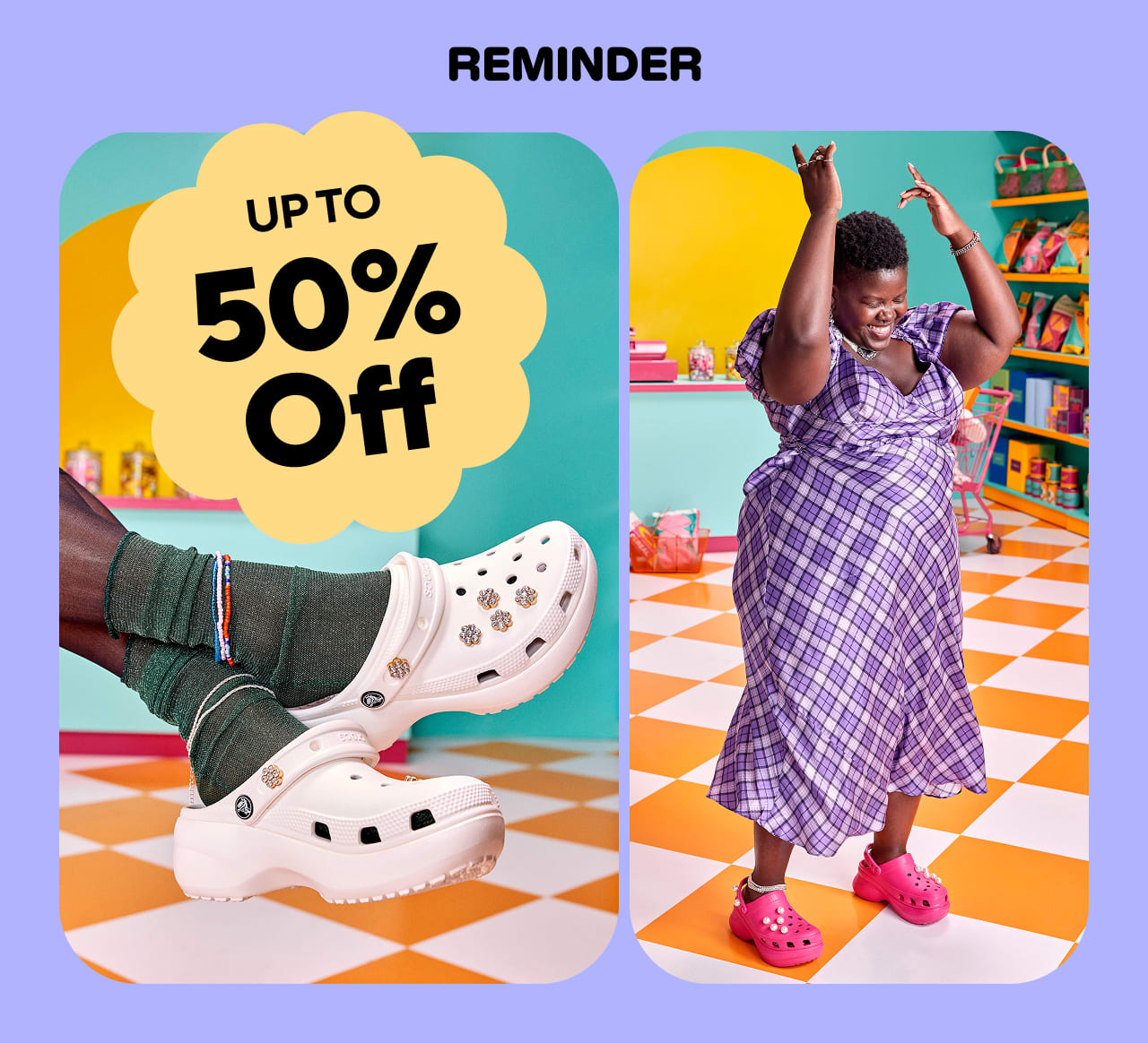 Woman dancing on one side of the panel in platform Crocs clogs, and on he other side a set of legs crossed with white platform clogs adorned in Jibbitz