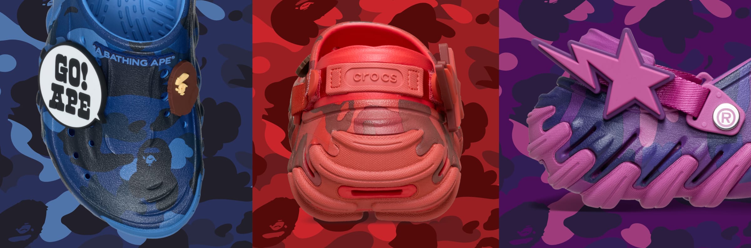 BAPE Crocs Clogs in the three colorways offered.