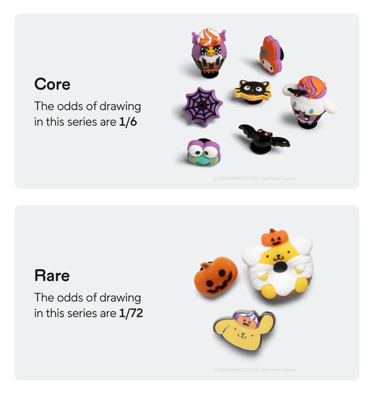 Halloween-themed Sanrio collectible charm series showing six core designs with 1/6 draw odds and three rare pumpkin-themed designs with 1/72 draw odds.