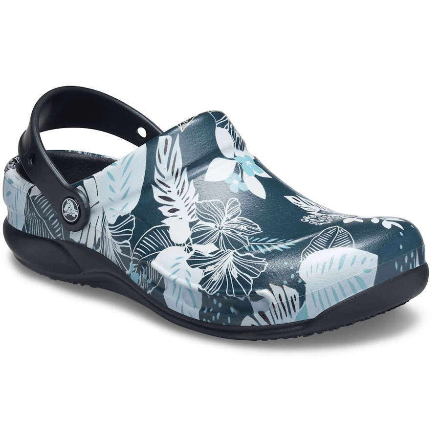 Black / Floral Bistro Graphic Slip Resistant Work Clog - Angle - Crocs PFD