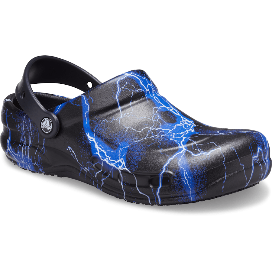 Black / Lightning Bolts Bistro Graphic Slip Resistant Work Clog - Angle - Crocs PFD