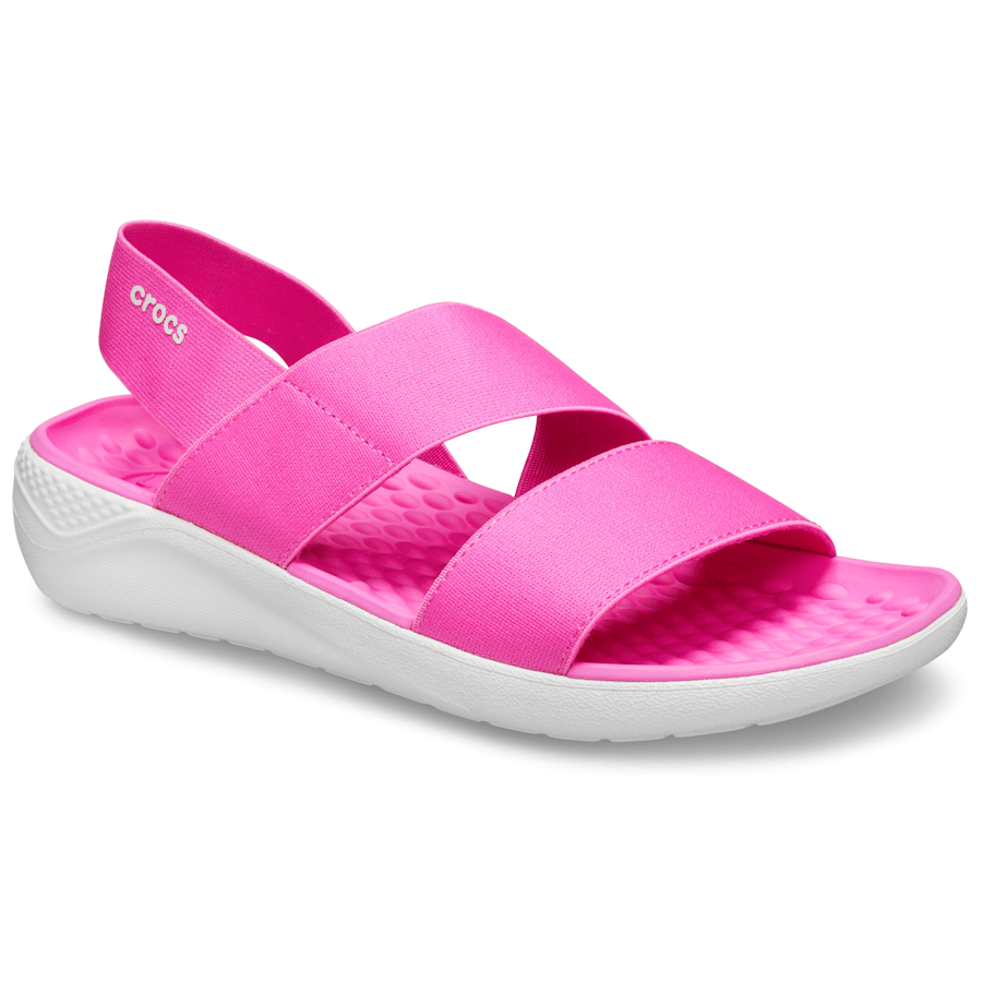 Electric Pink / Almost White Women's LiteRide™ Stretch Sandal - Angle - Crocs