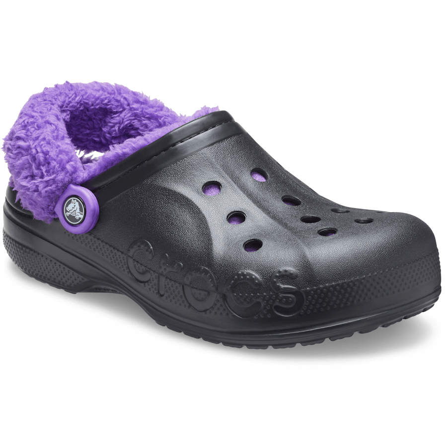 Black / Neon Purple Baya Lined Fuzz-Strap Clog - Angle - Crocs