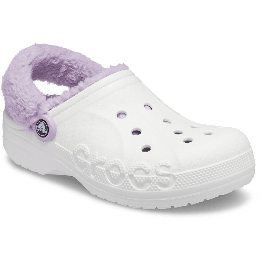White / Lavender Baya Lined Fuzz-Strap Clog - Angle - Crocs
