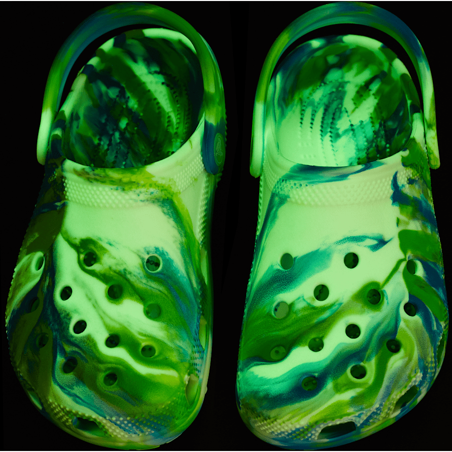 Prep Blue / Multi Kids' Classic Glow-in-the-Dark Marbled Clog - Custom Angle - Crocs
