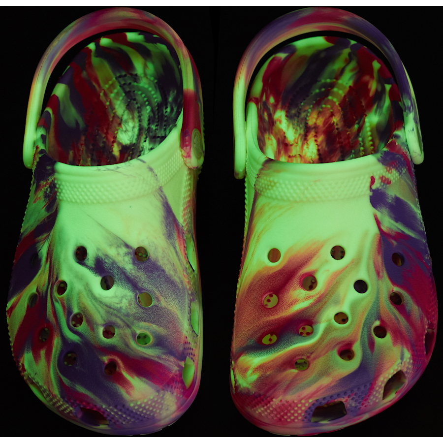 Pink Crush / Multi Kids' Classic Glow-in-the-Dark Marbled Clog - Custom Angle - Crocs