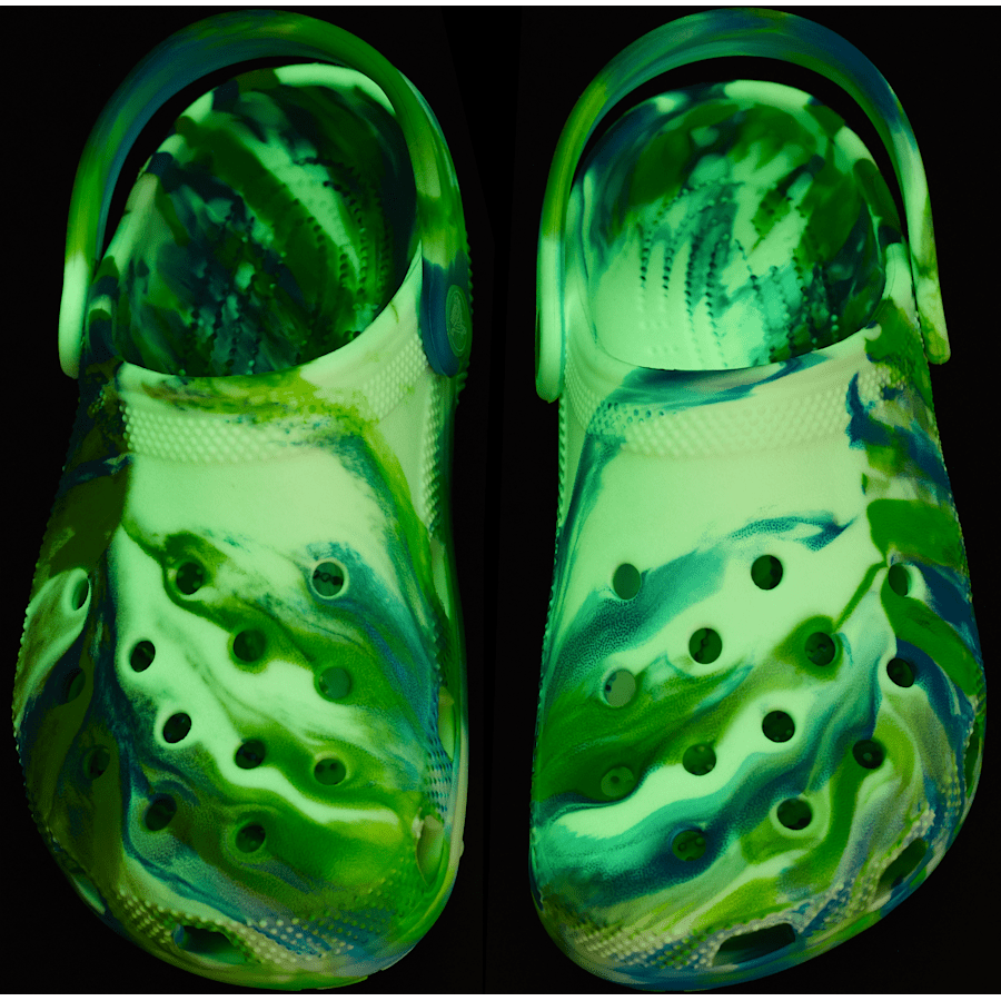 Prep Blue / Multi Toddler Classic Glow-in-the-Dark Marbled Clog - Custom Angle - Crocs