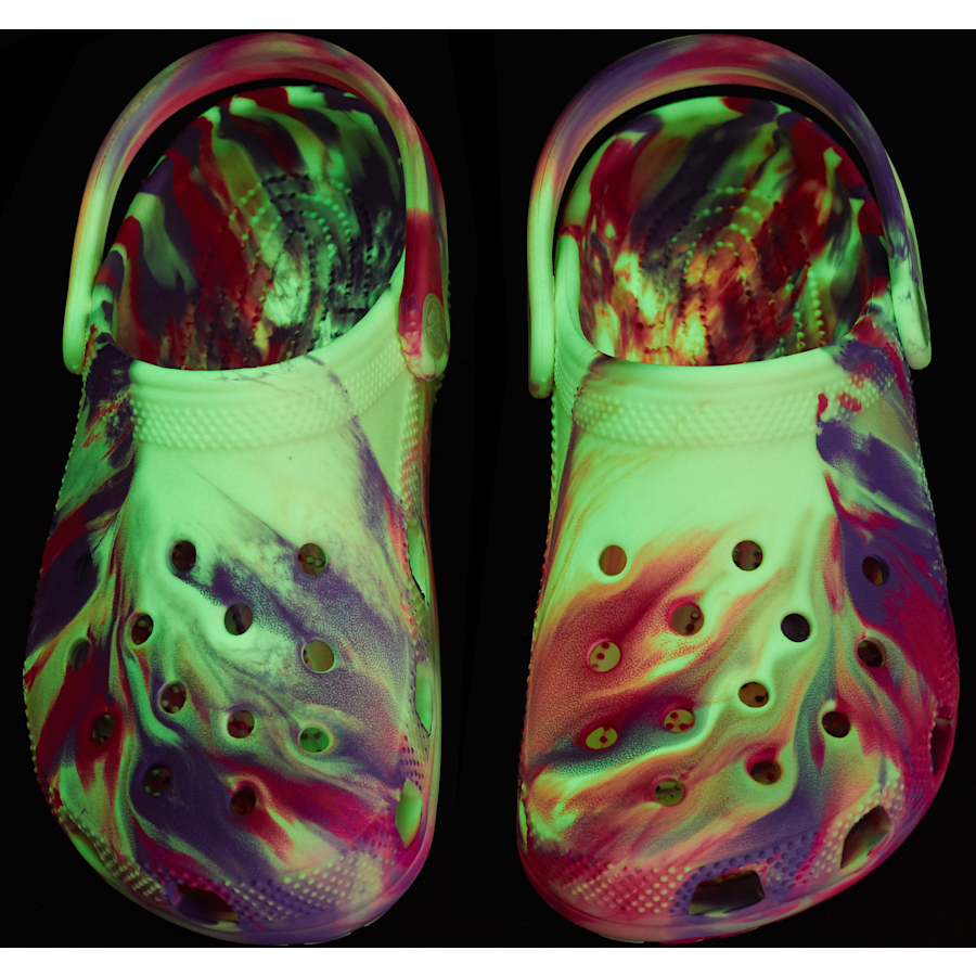Pink Crush / Multi Toddler Classic Glow-in-the-Dark Marbled Clog - Custom Angle - Crocs