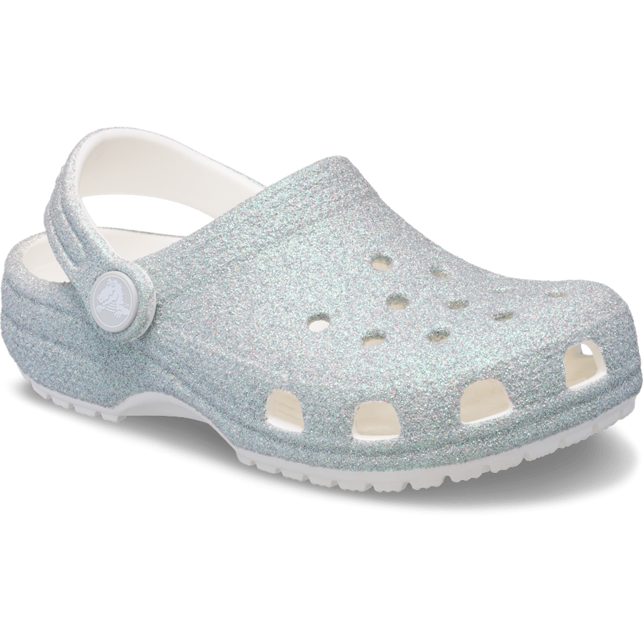 White Toddler Classic Iridescent Glitter Clog - Angle - Crocs