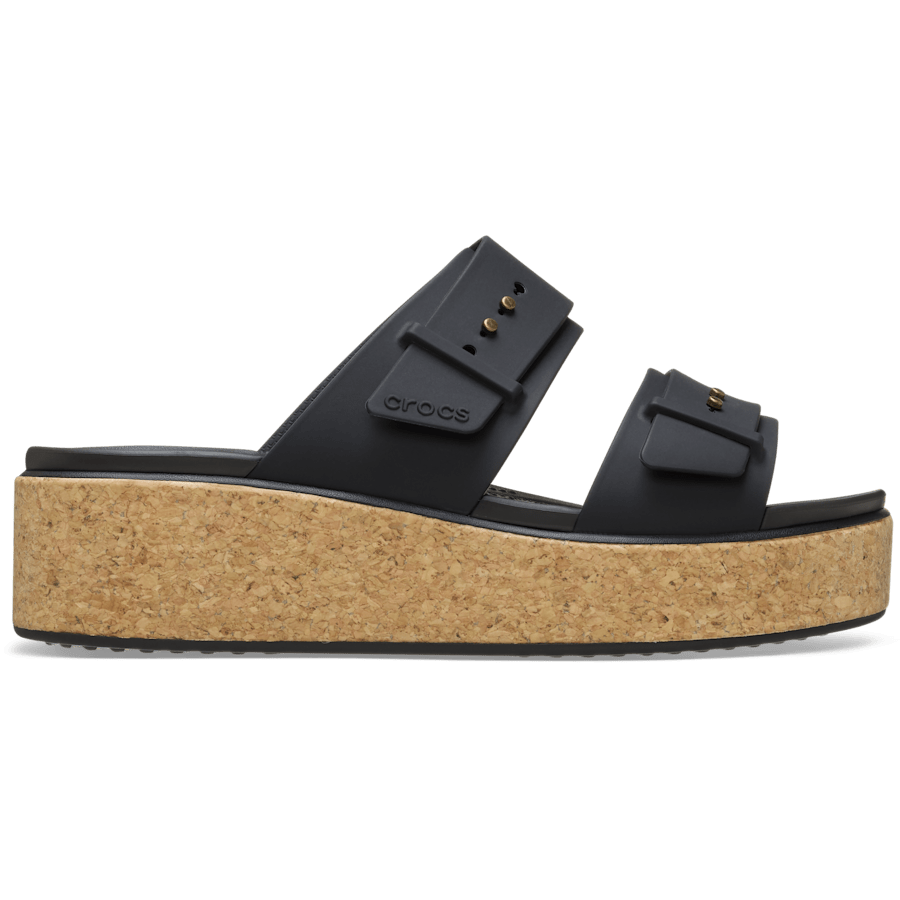 Crocs Brooklyn Buckle Low Wedge Cork Sandal — Black