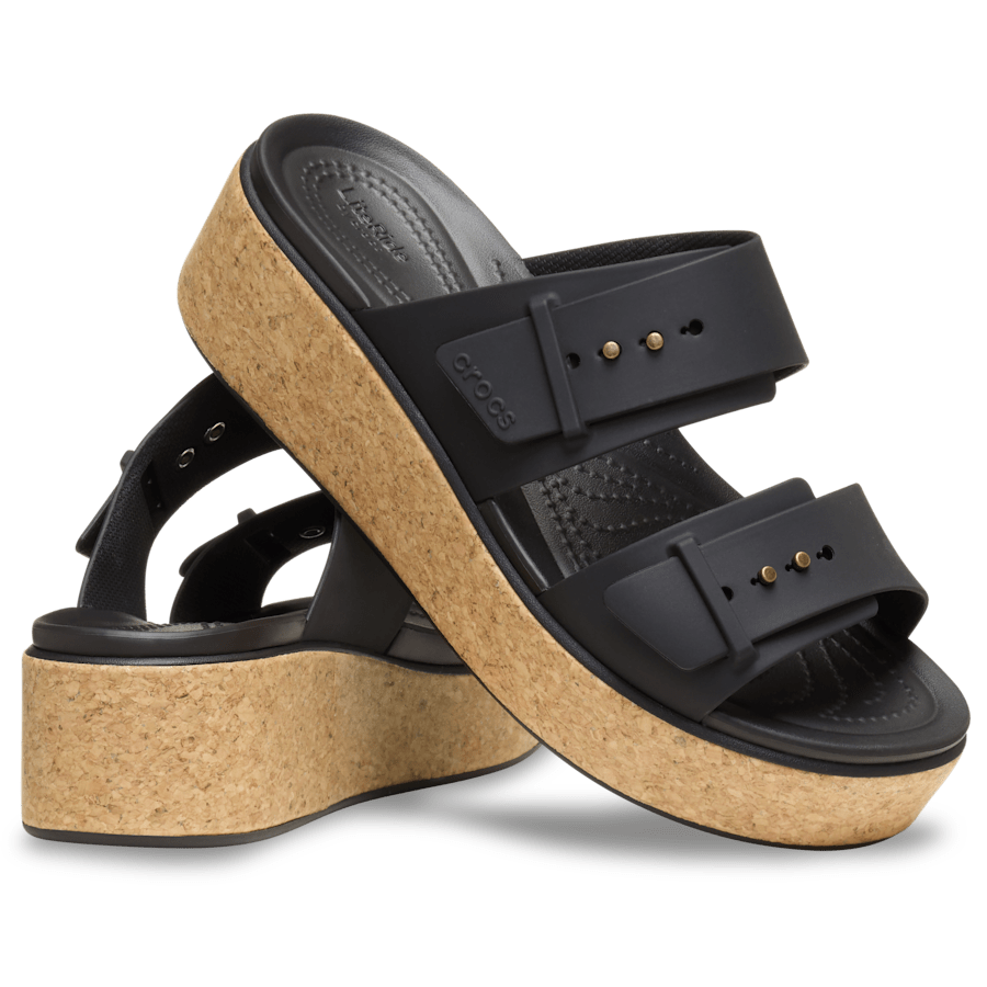 Crocs Brooklyn Buckle Low Wedge Cork Sandal — Black