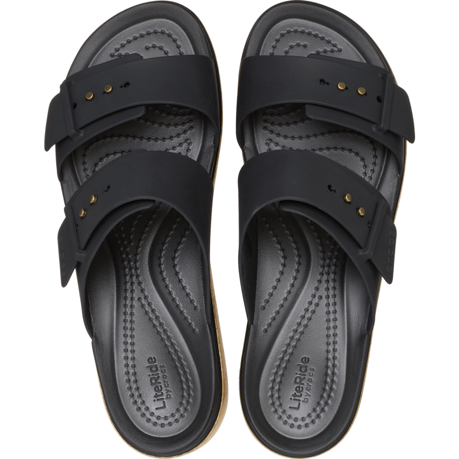Crocs Brooklyn Buckle Low Wedge Cork Sandal — Black