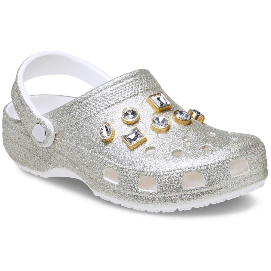 Silver Classic Glitter Embellished Clog - Angle - Crocs