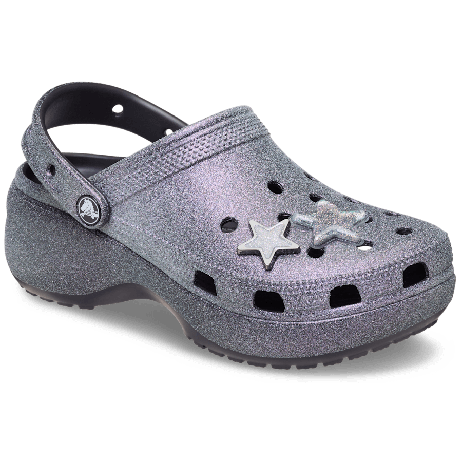 Black Classic Platform Iridescent Glitter Embellished Clog - Angle - Crocs