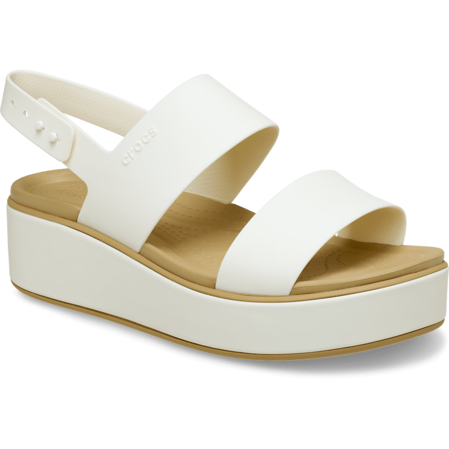  Craie / Fauve   Brooklyn Low Wedge Matte Wrap Sandal - Angle - Crocs