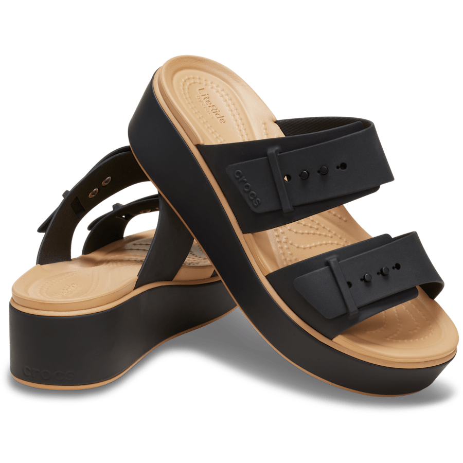 Black/Cashew Brooklyn Buckle Low Wedge Matte Wrap Sandal - Pair - Crocs