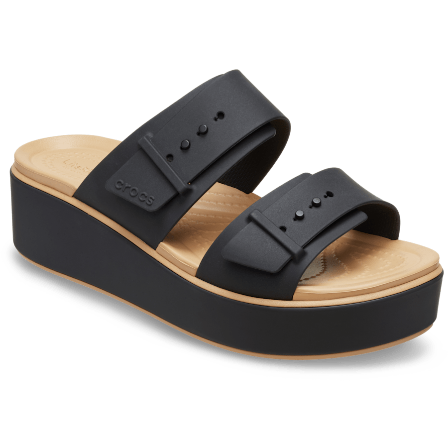 Black/Cashew Brooklyn Buckle Low Wedge Matte Wrap Sandal - Angle - Crocs