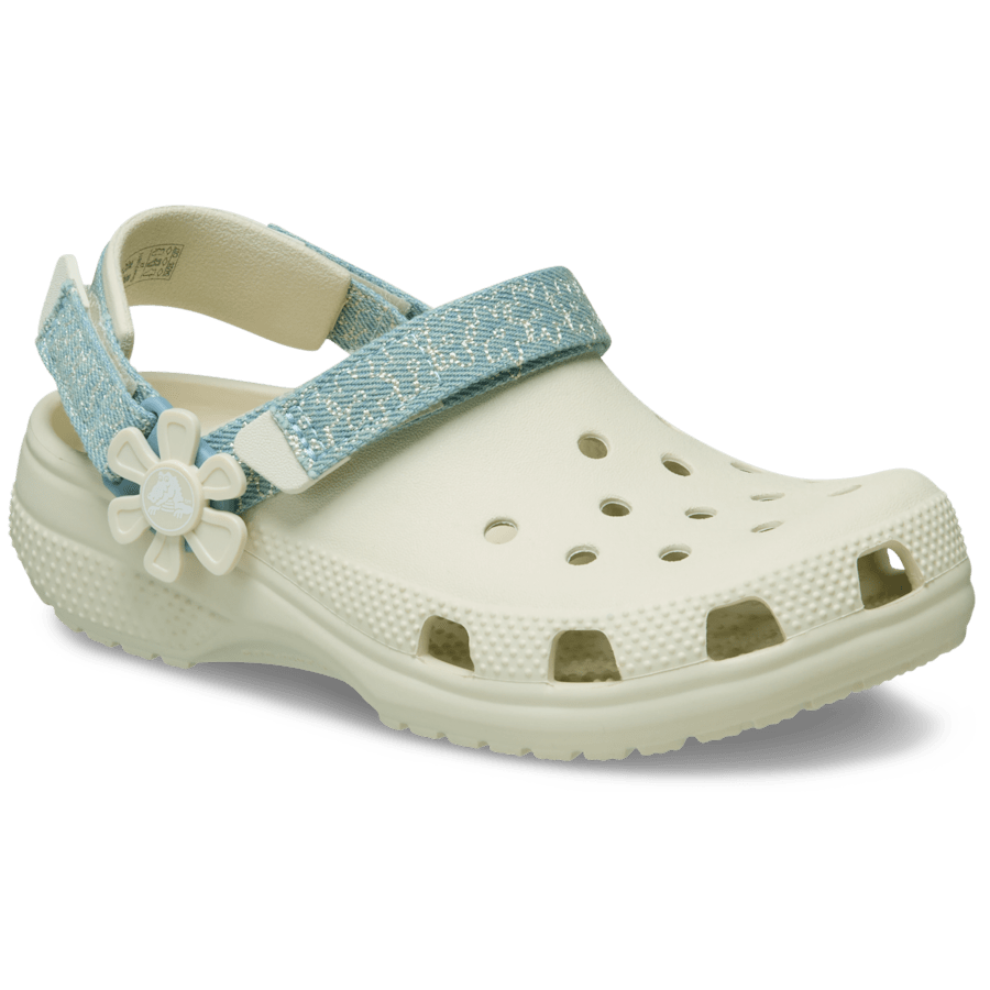 Summit White Kids’ Classic Denim Flower Adjustable Backstrap Clog - Schrägsicht - Crocs