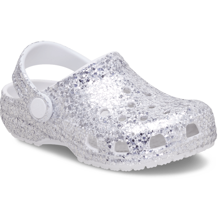 Silver Toddler Classic Dazzle Glitter Clog - Schrägsicht - Crocs
