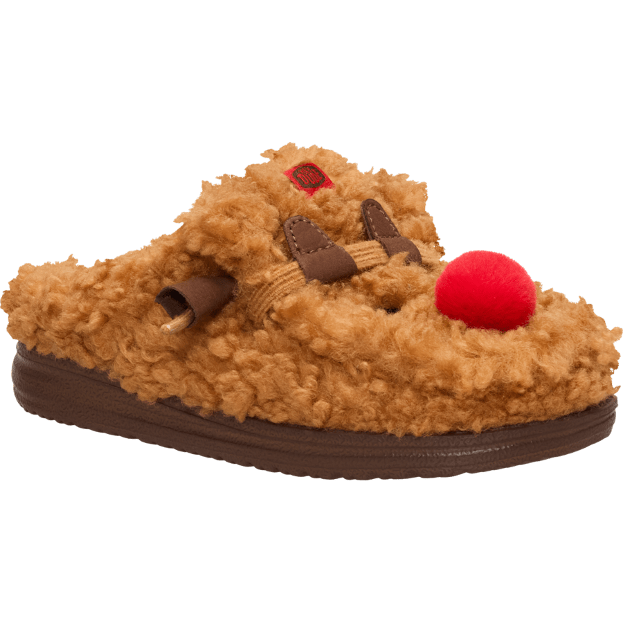 Lion Orange/Downtown Brown Wally Slipper Youth Cozy Reindeer - Angle - HEYDUDE
