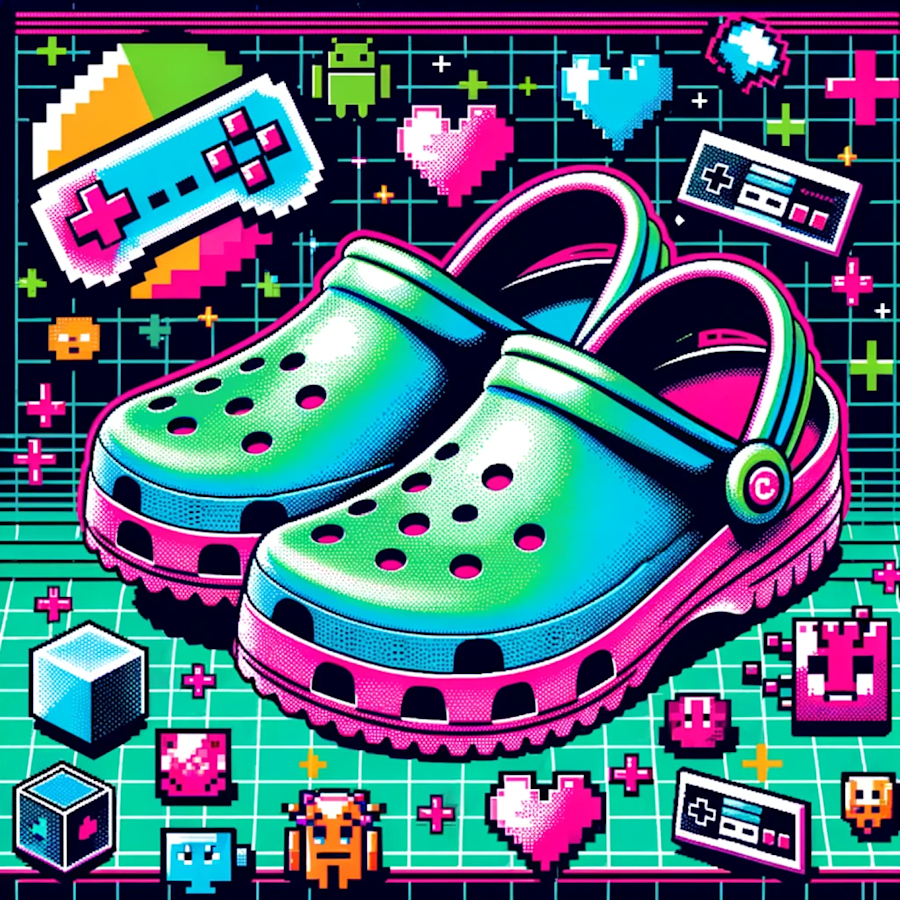 An 8-bit style image of Crocs and Jibbitz