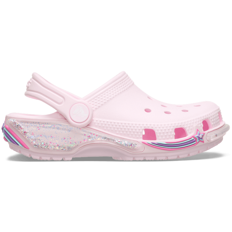 Pink White Crocs With Rainbow Writing Toddler Classic Star Sparkle