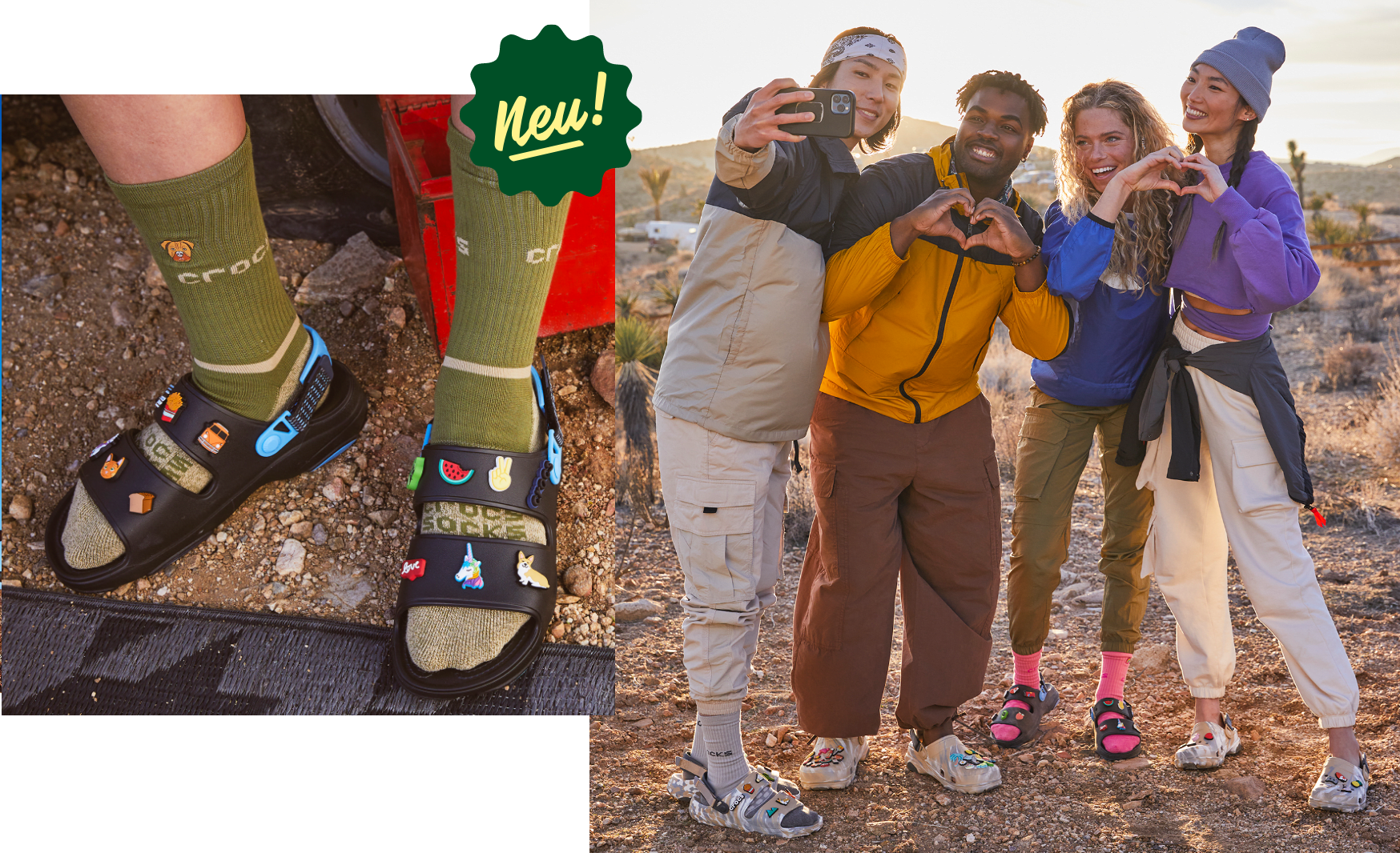 Neu! All-Terrain sandals with Assorted Jibbitz. Models taking selfie in the desert wearing All-Terrain Clogs and Sandals with assorted Jibbitz.
