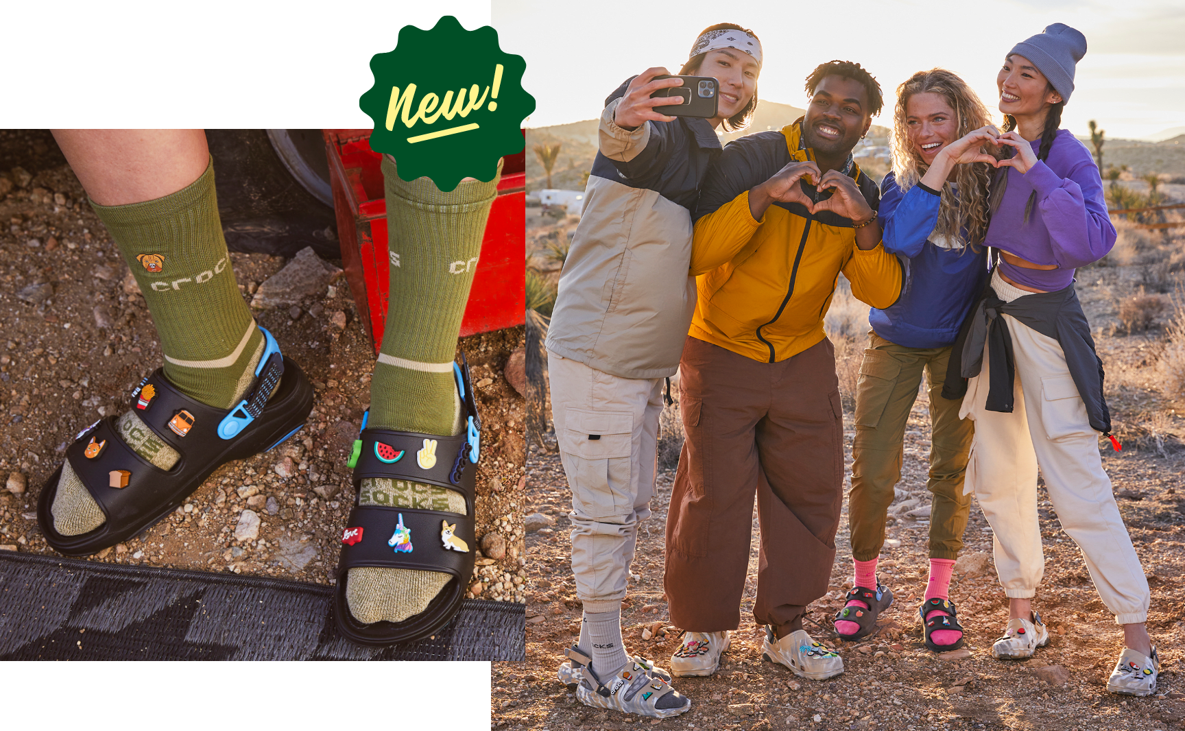 New! All-Terrain sandals with Assorted Jibbitz. Models taking selfie in the desert wearing All-Terrain Clogs and Sandals with assorted Jibbitz.