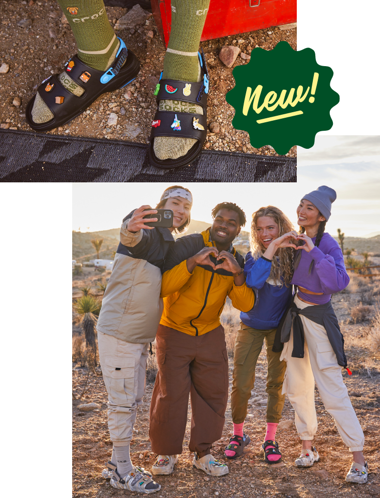 New! All-Terrain sandals with Assorted Jibbitz. Models taking selfie in the desert wearing All-Terrain Clogs and Sandals with assorted Jibbitz.