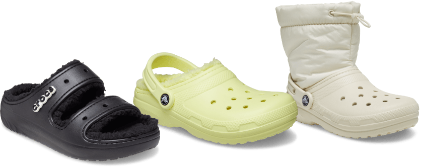 Classic Lined Neo Puff Boot in the color White, Classic Lined Clog in the color Sulphur, Classic Cozzzy Sandal in the color Black