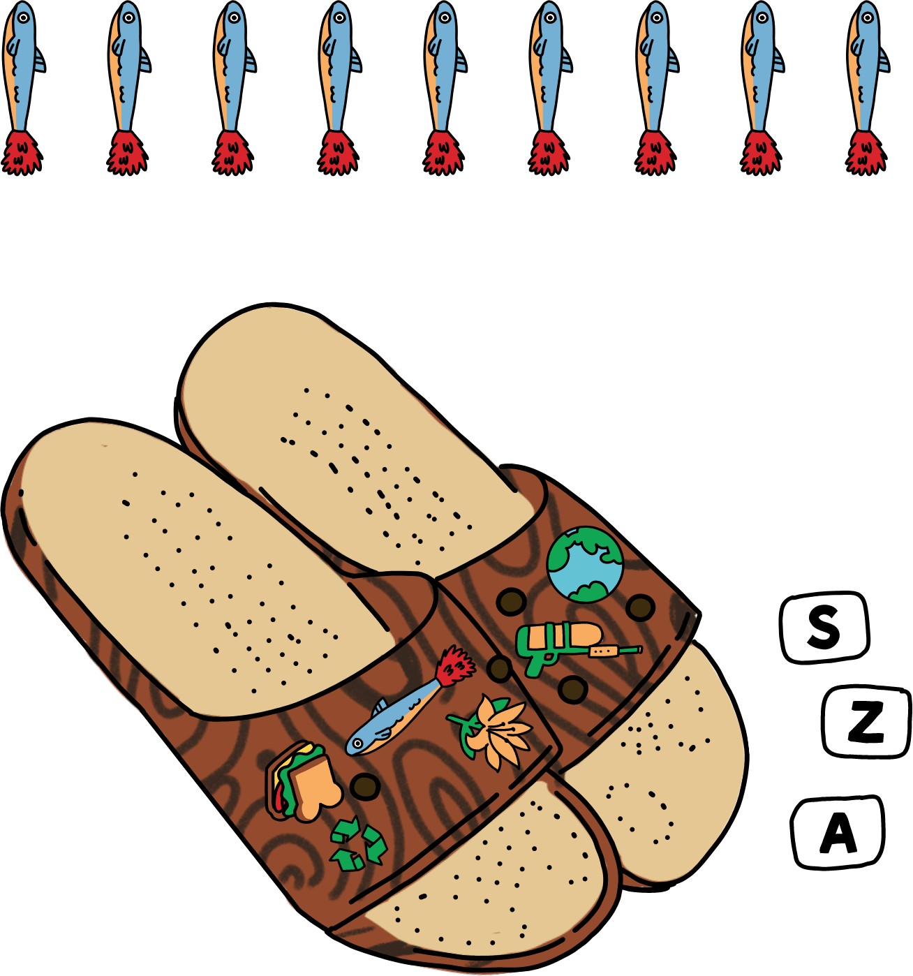 Illustration of Wood Print Slides with Assorted Jibbitz. Lettered tiles organized to read SZA vertically