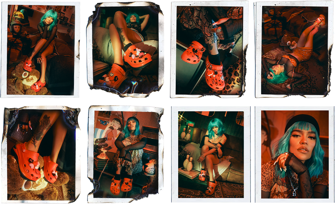 Karol G posing in multiple polaroids wearing the Karol G X Crocs Mega Crush Clog with Assorted Jibbitz.