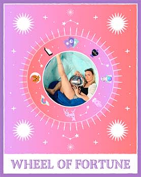 Natoo Posing within a Wheel of Fortune Tarot Card
