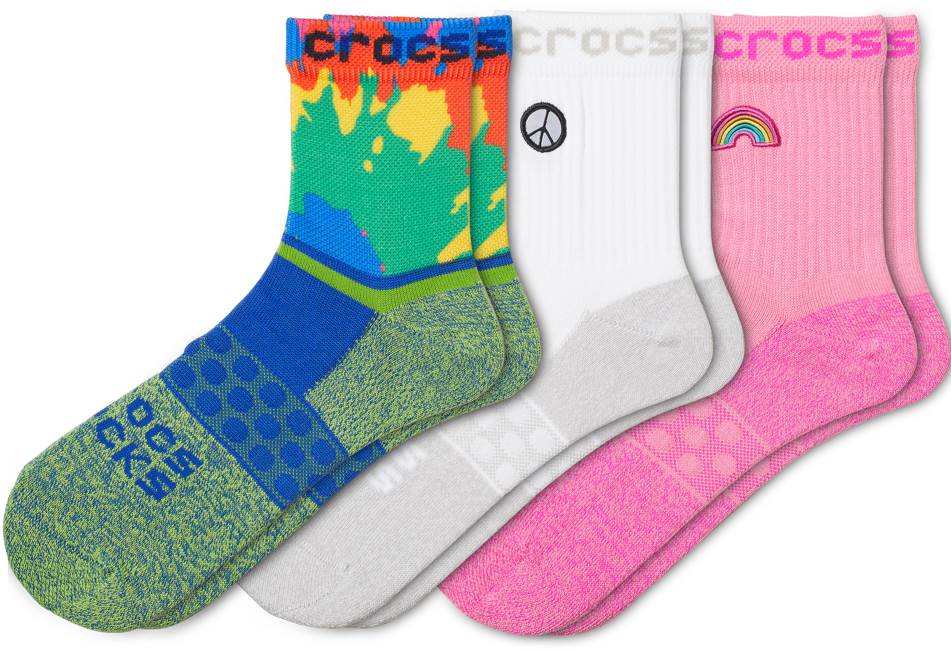 Crocs | Unisex | Crocs Socks Adult Quarter Graphic 3-Pack | Shoes | Electric Pink Tie Dye | L