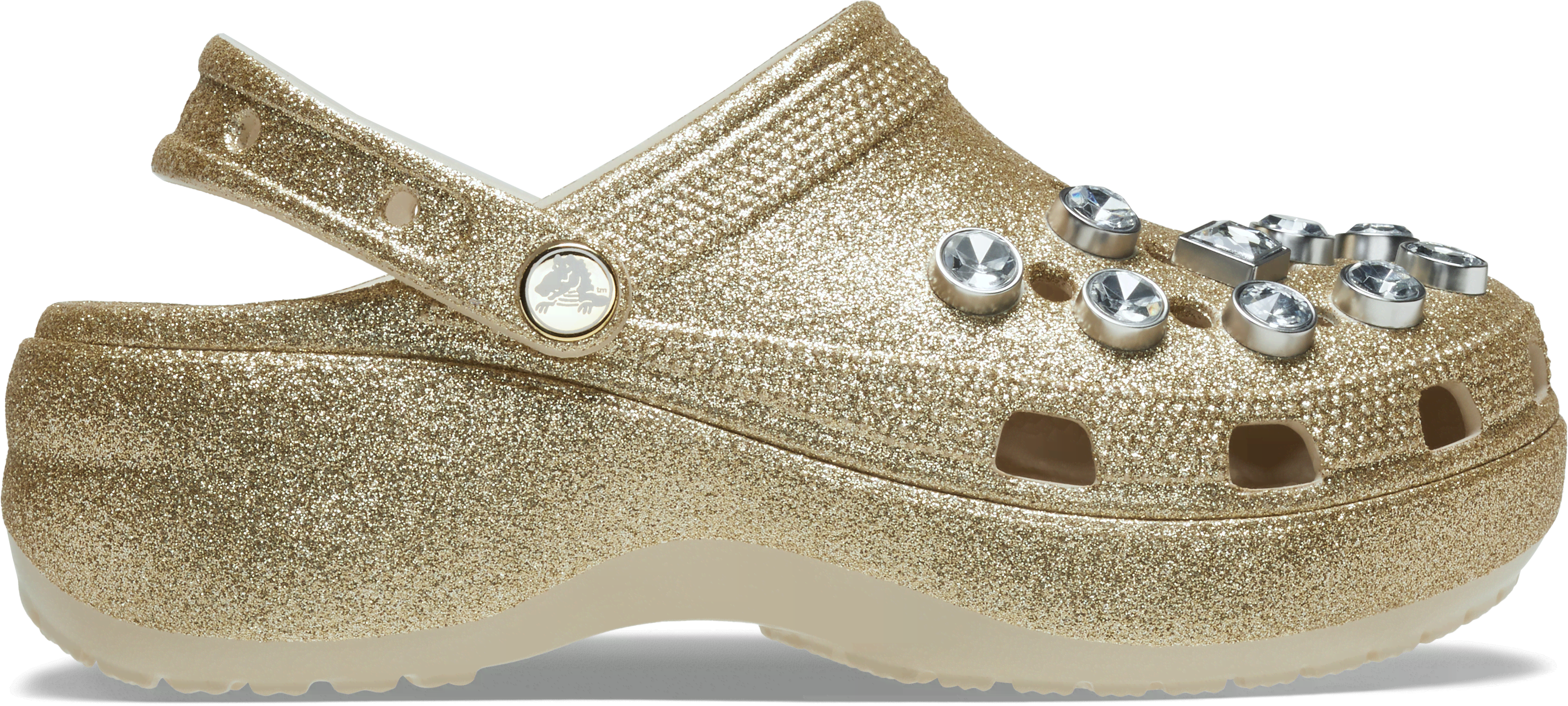 CROCS CLASSIC PLATFORM GLITTER EMBELLISHED CLOG; GOLD, W9