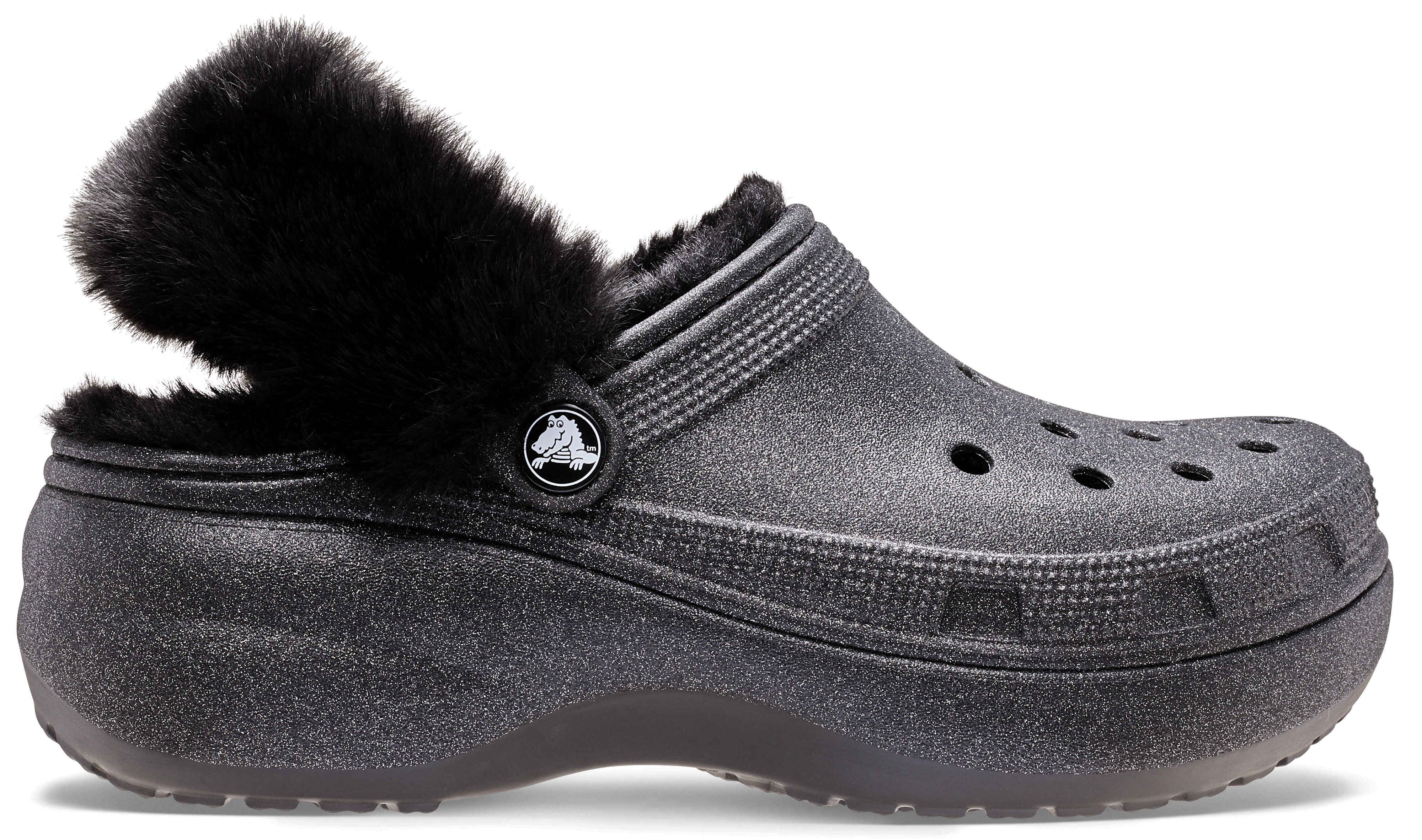 Crocs | Women | Classic Platform Fuzz Lined Glitter | Clogs | Black | 9 In Black
