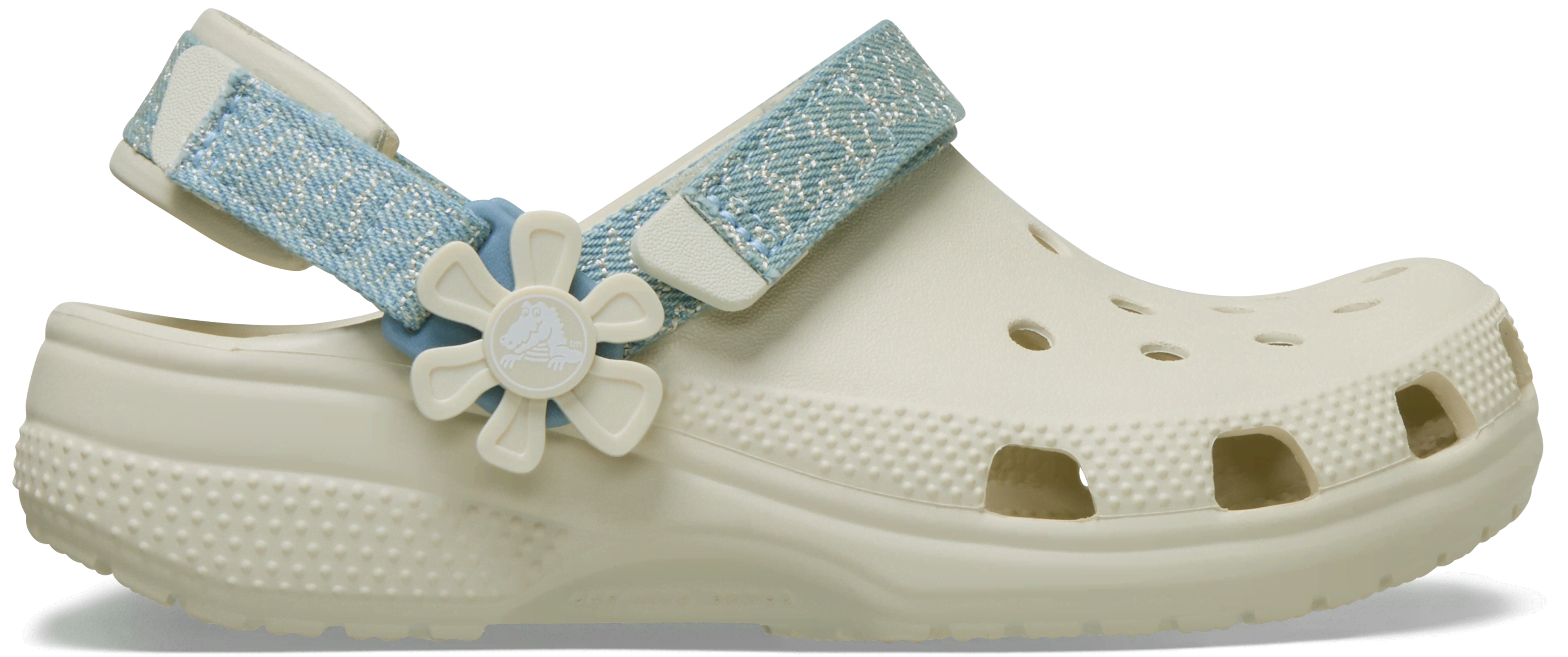 Crocs Kids Classic Denim Flower Adjustable Backstrap Clog Summit White  in Big Kids Size 6