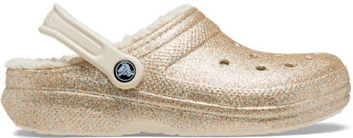 Gold glitter crocs with pink fur