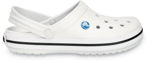 White crocs with black new arrivals stripe