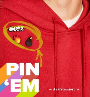 'Pin 'Em' - Jibbitz pinned to red hooded sweatshirt