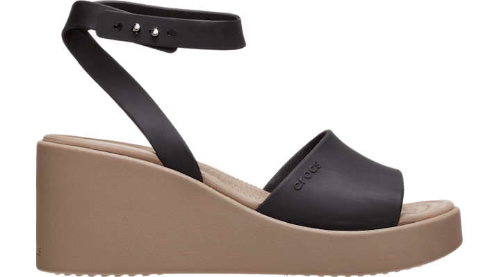 Crocs Brooklyn Ankle Strap Wedge In Black/mushroom