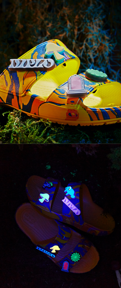 Diplo X Crocs Sandal with glow mushroom jibbitz.