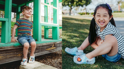 Children wearing Crocs Classic Clogs with Jibbitz.