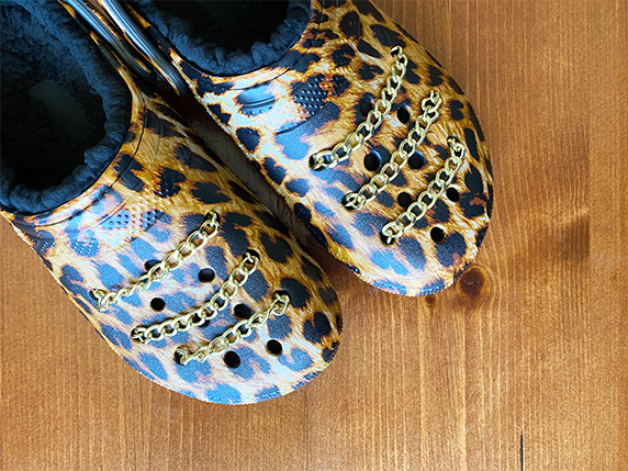 Cheetah Print Classic Clogs with Chain Accent.