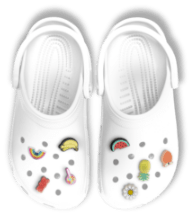 Crocs Classic Clog in White with Assorted Summer Jibbitz.