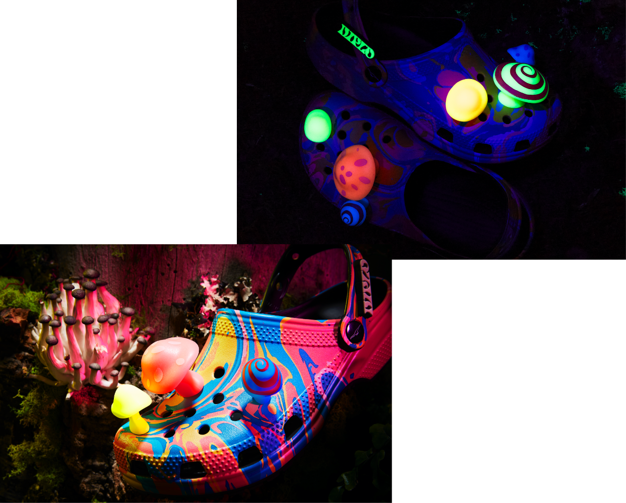 Diplo X Crocs Clog with glow mushroom jibbitz.