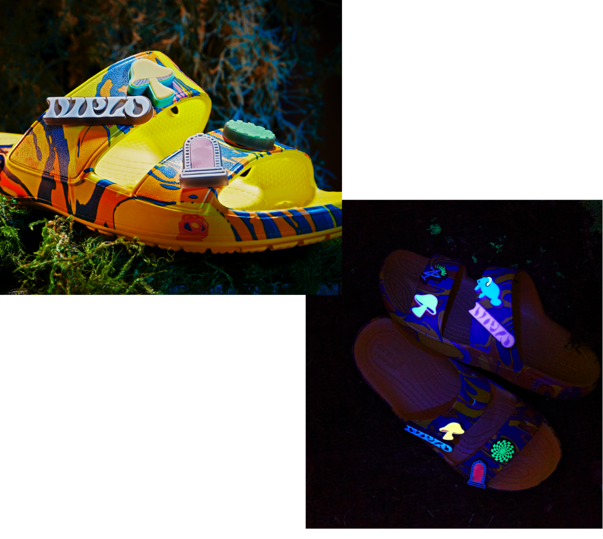 Diplo X Crocs Sandal with glow mushroom jibbitz.