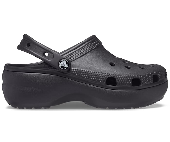 black platform crocs with flowers