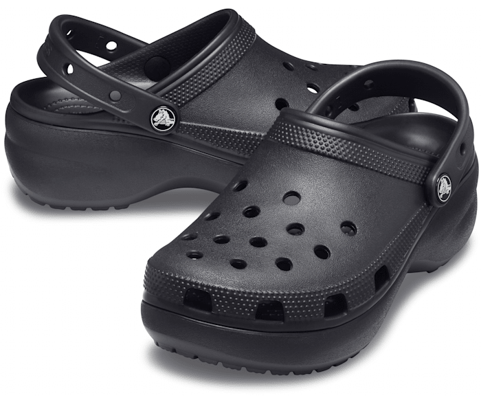 black platform crocs with flowers